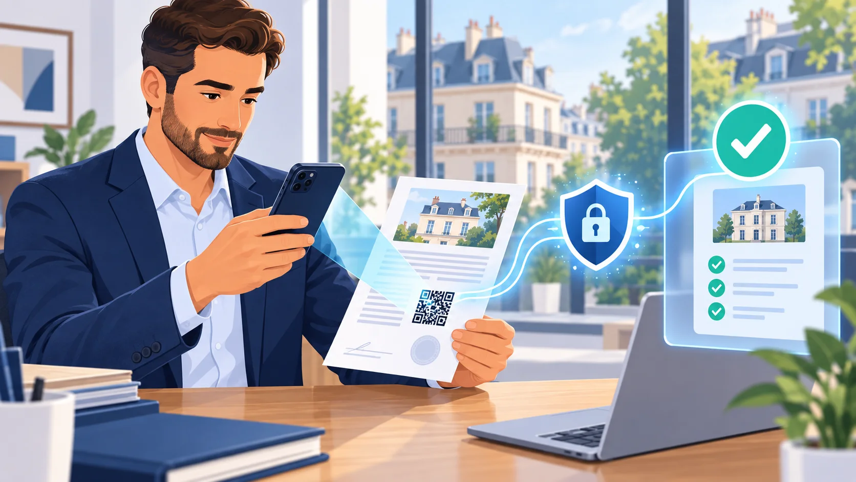 Un professionnel scanne le code 2D-Doc d’un document, relié à un bouclier de vérification cryptographique