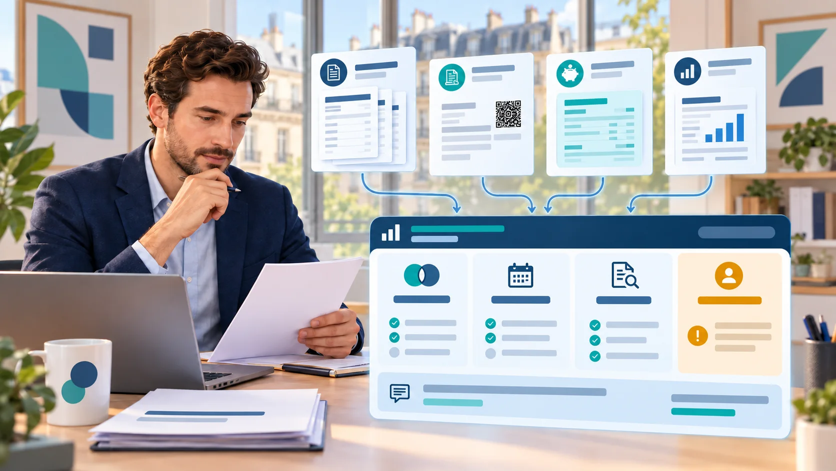 Un professionnel examine séparément bulletins de salaire, avis d’impôt, pension ou allocations et bilan comptable, puis compare les dates, les sources et la concordance du dossier