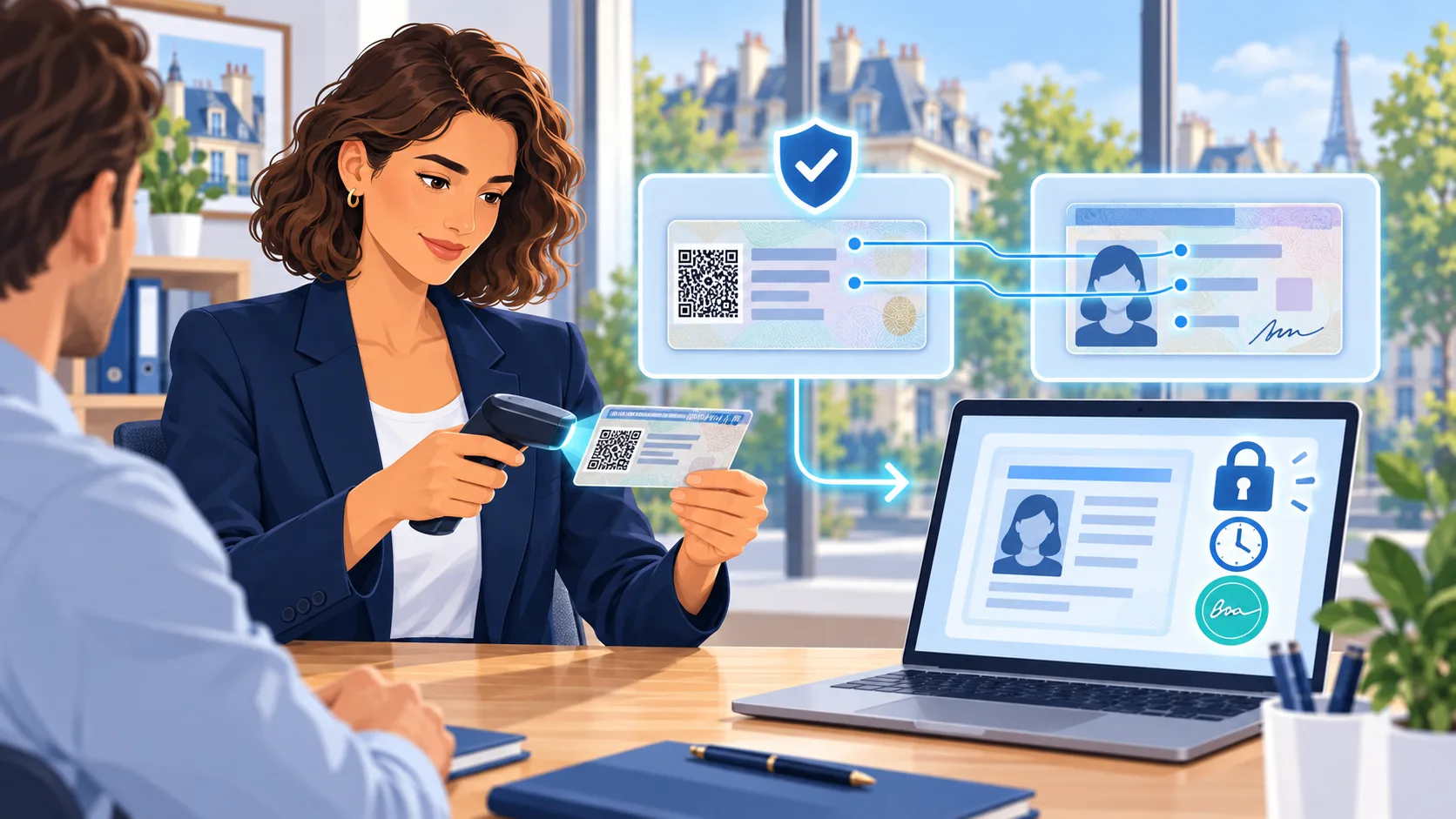 Une professionnelle vérifie le recto et le verso d’une carte d’identité, sa signature 2D-Doc et une alternative de partage protégée