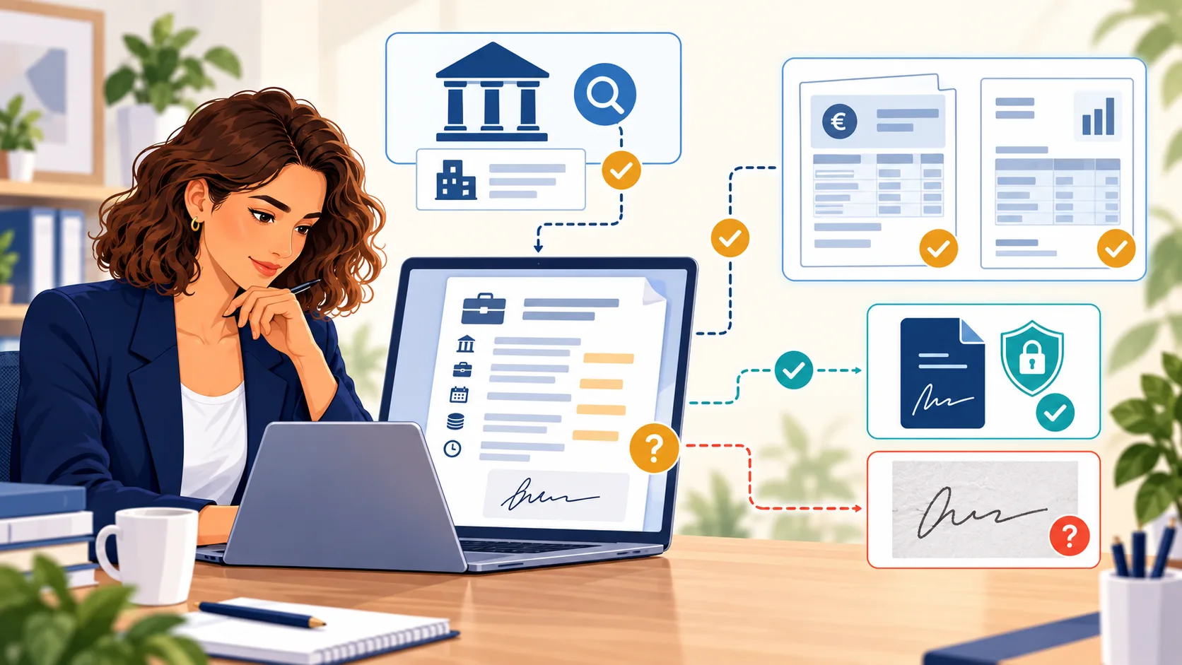 Une professionnelle contrôle les champs d’un contrat de travail, l’existence de l’employeur, les justificatifs de revenus et la nature de la signature