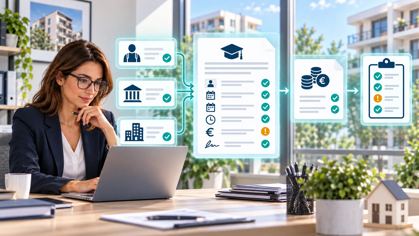 Une gestionnaire contrôle une convention de stage en comparant le stagiaire, l’établissement, l’organisme d’accueil, les dates et la gratification