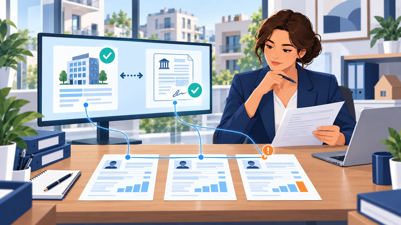 Une professionnelle compare trois fiches de paie, l’existence de l’employeur et un document fiscal pour repérer une incohérence