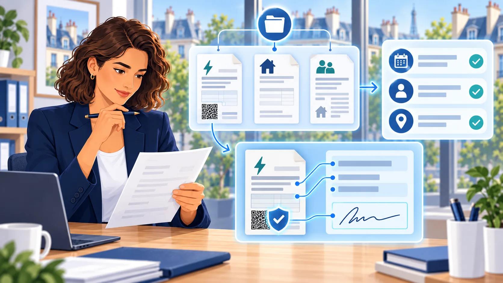 Une professionnelle contrôle plusieurs justificatifs de domicile, leur date, leur titulaire, leur adresse et la signature 2D-Doc d’une facture