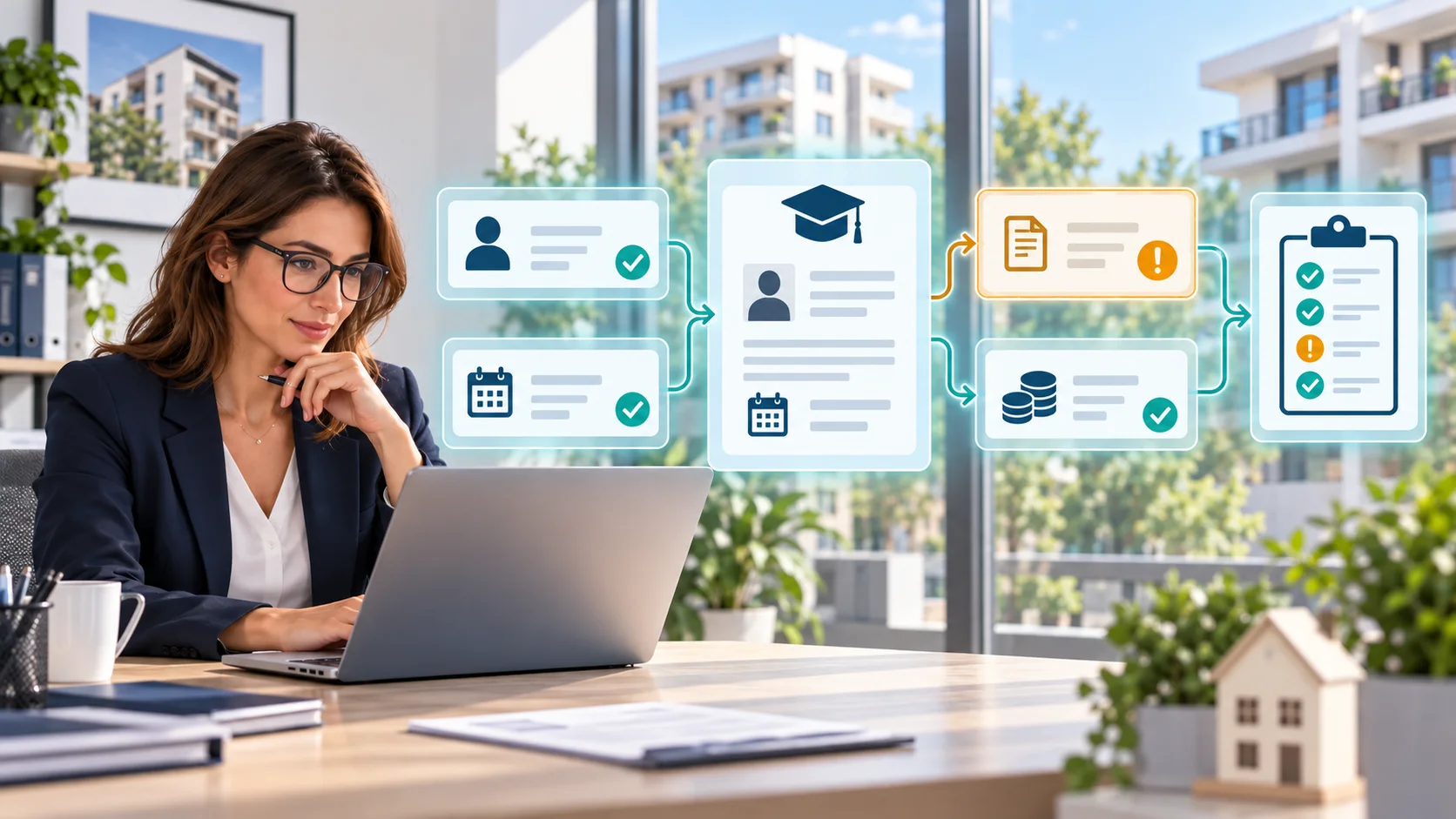 Une gestionnaire contrôle une notification de bourse étudiante en comparant l’identité, l’année universitaire, le statut et le montant