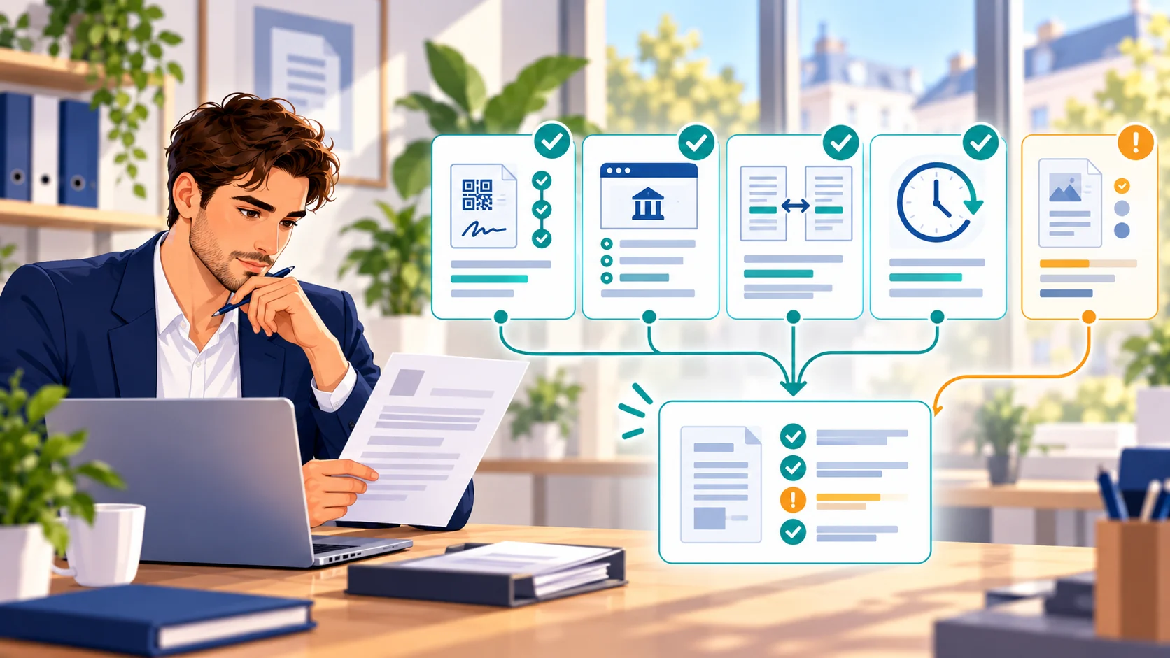 Un professionnel vérifie séparément la signature, la source officielle, la concordance, l’actualité et les réserves d’un document reçu