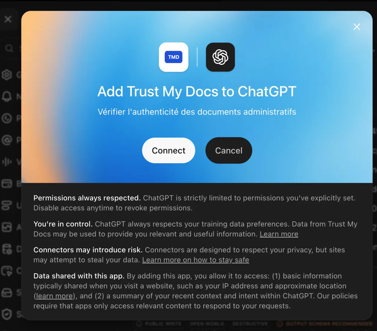Fenêtre de ChatGPT « Add Trust My Docs to ChatGPT » avec les boutons Connect et Cancel.
