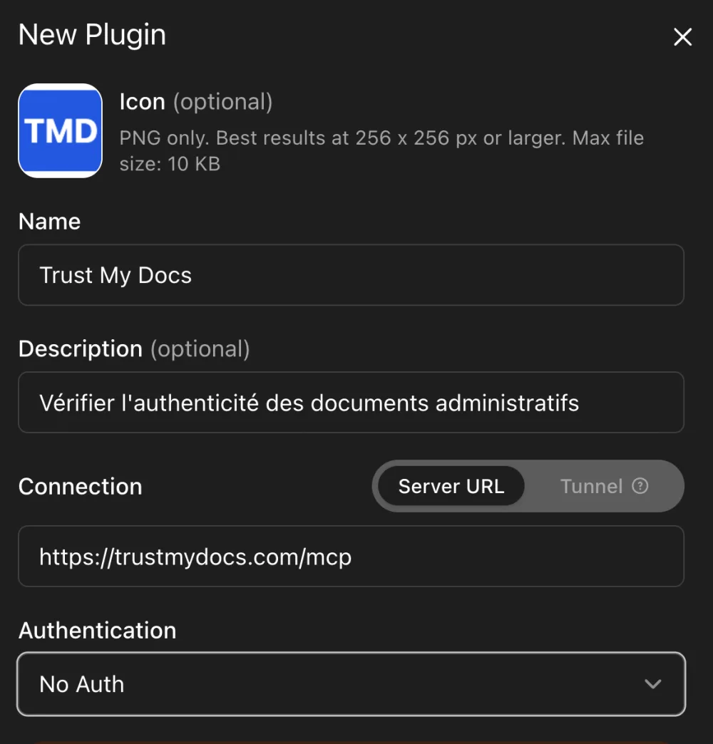 Formulaire New Plugin de ChatGPT rempli avec le nom Trust My Docs, l’adresse https://trustmydocs.com/mcp et l’authentification No Auth.