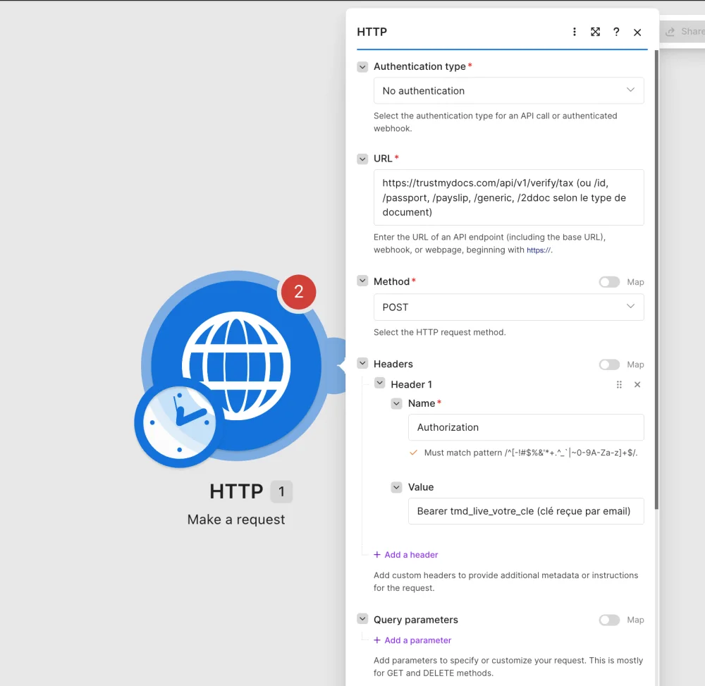 Configuration du module HTTP de Make : No authentication, URL de l’API Trust My Docs, méthode POST et en-tête Authorization avec une clé Bearer.